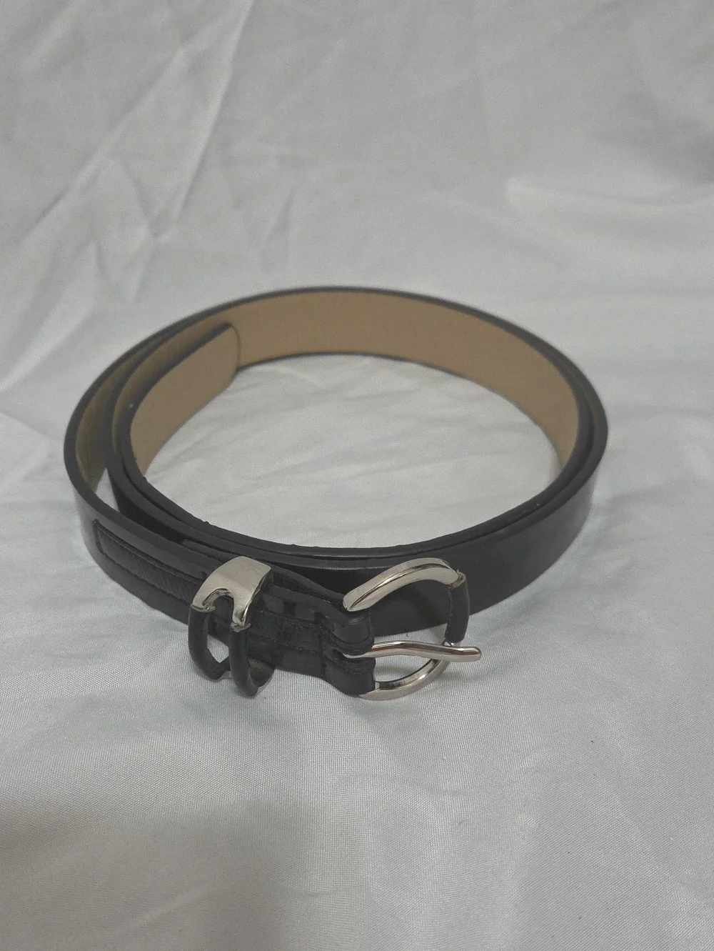 Classic Black Narrow Leather Belt with Silver-tone Buckle, Size 36-40, Like New